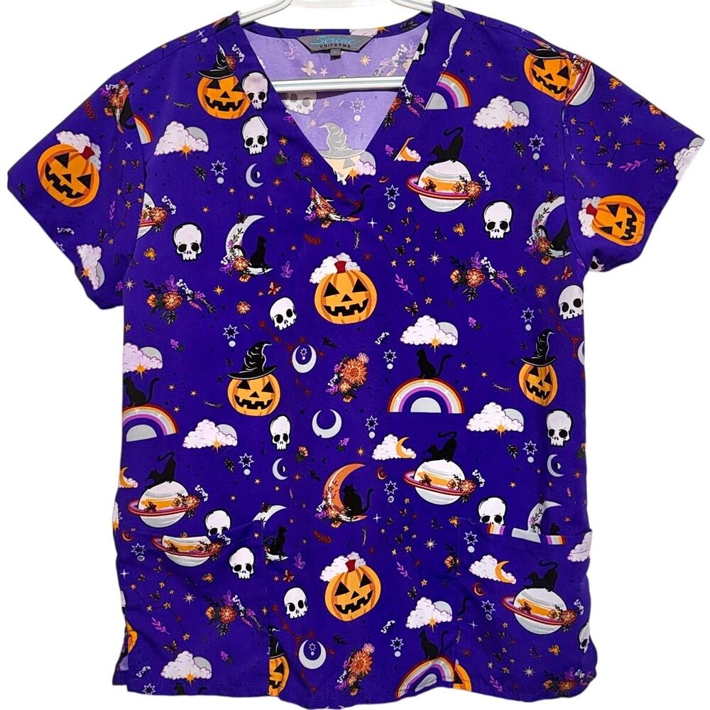 Serene Uniforms Purple Halloween Scrubs/Nursing Shirt Front Pockets Size M